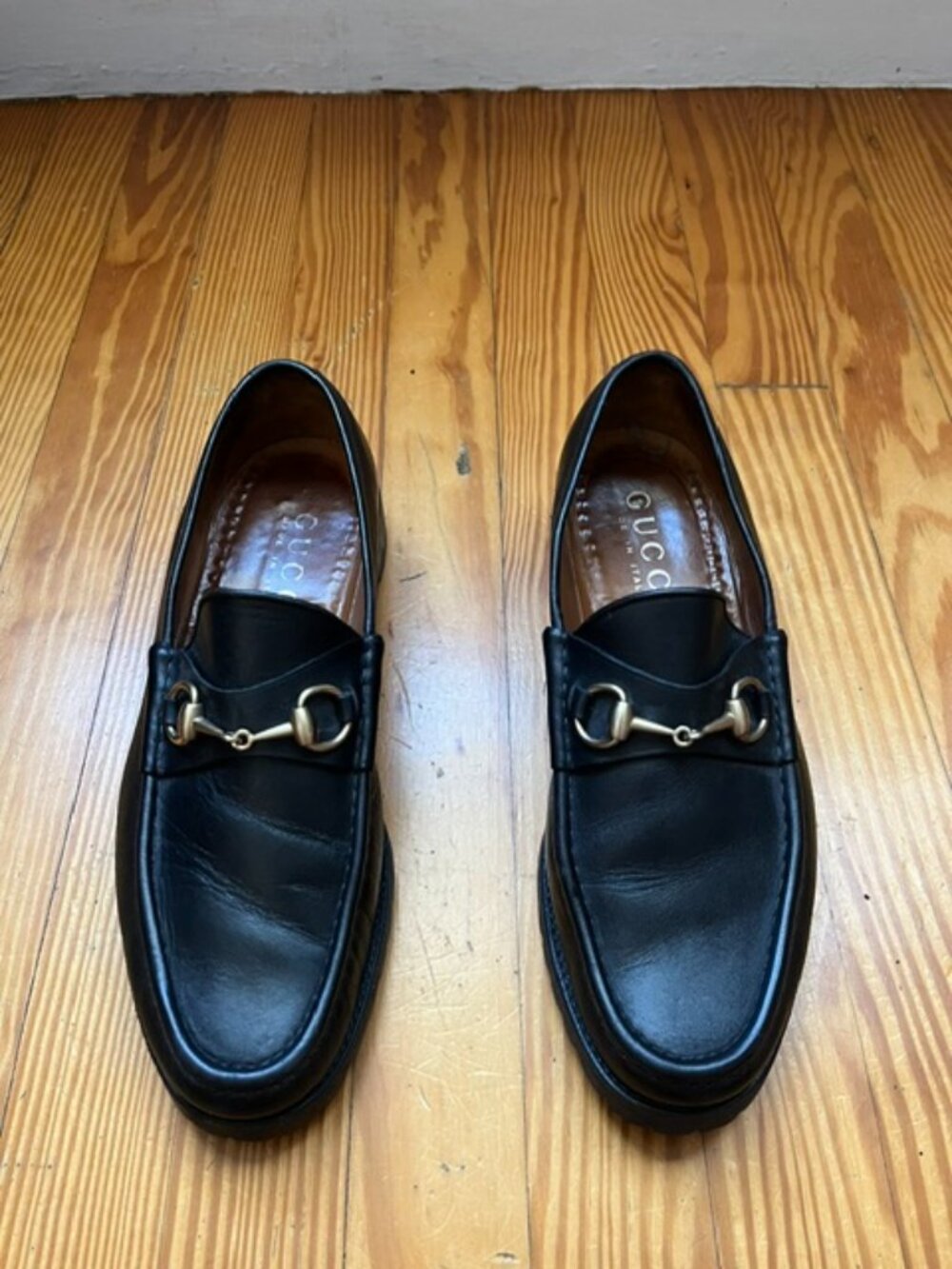 GUCCI Vintage Black Horsebit Loafers Men’s Size 11 With Lug Sole Chunky Heel